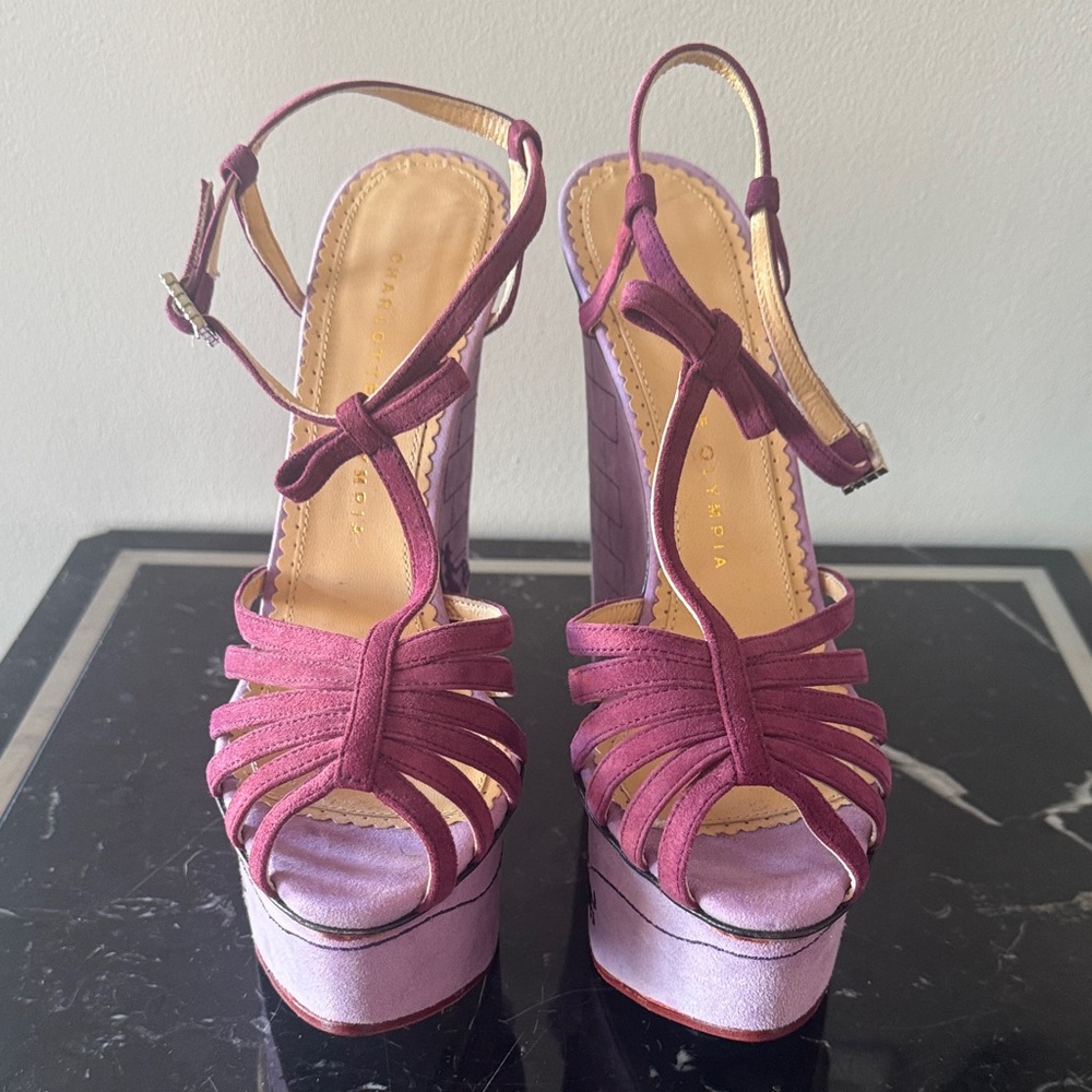 Charlotte Olympia for Bergdorf Goodman Purple suede Wedge Sandals 39 RARE! NEW! - Picture 6 of 8